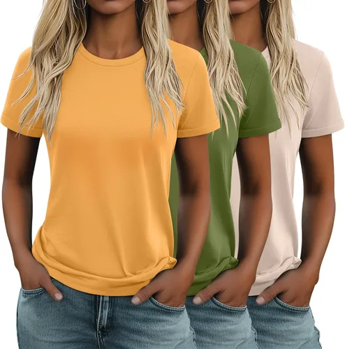 Vista 33 de Huukeay Paquete de 3 camisetas de algodón para mujer, estilo casual, de manga corta, cuello redondo, ajuste holgado, básica, lisa