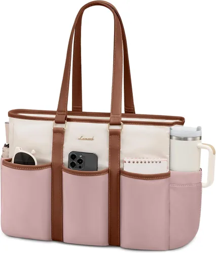 Vista 17 de LOVEVOOK bolso tote vintage para laptop para mujer, Beige-Negro, 15,6 pulg., Moda