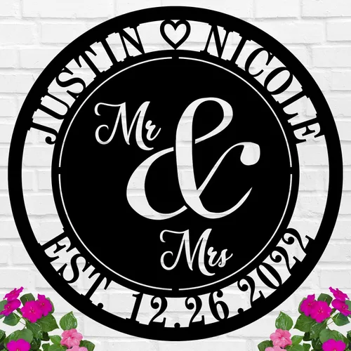 Vista 8 de Regalos de boda para parejas 2025, carteles personalizados con apellidos para el hogar, carteles de metal personalizados, decoración de pared
