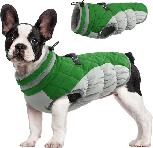 Vista 38 de Abrigo para perro, chaqueta cálida de invierno, acolchada, de vellón, chaleco reflectante con arnés, chaqueta de nieve impermeable con cremallera, a