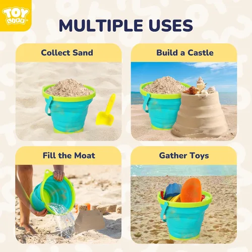 Vista 5 de TOY Life Juego de 9 cubos de arena con 3 cubos de playa plegables, 3 palas y 3 rastrillos, juguetes de playa para niños pequeños de 4 a 8 años