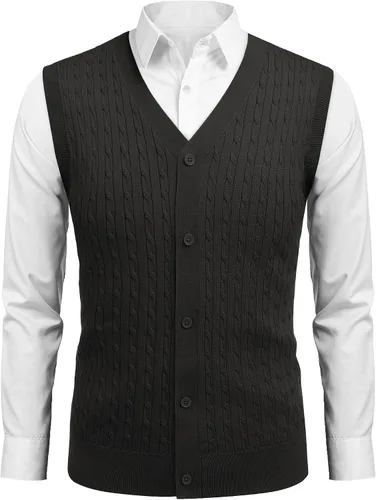 Vista 3 de COOFANDY Chaleco sin mangas para hombre con cuello en V, casual, tejido de cable con botones, cárdigan
