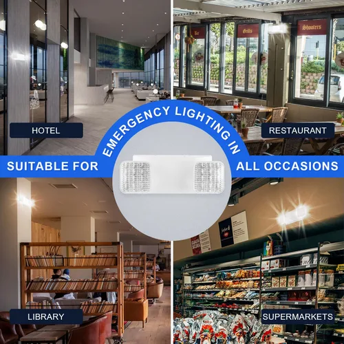 Vista 8 de Luces de emergencia LED con batería de respaldo, dos luces LED de emergencia comerciales ajustables, CA 120/277V, certificado UL 924, accesorio
