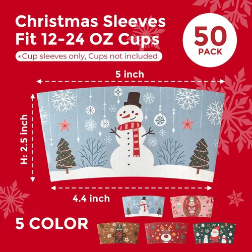 Vista 2 de FMP Brands Paquete de 50 fundas de papel de Navidad para tazas de café, fundas desechables de café navideñas para tazas de café desechables de 12
