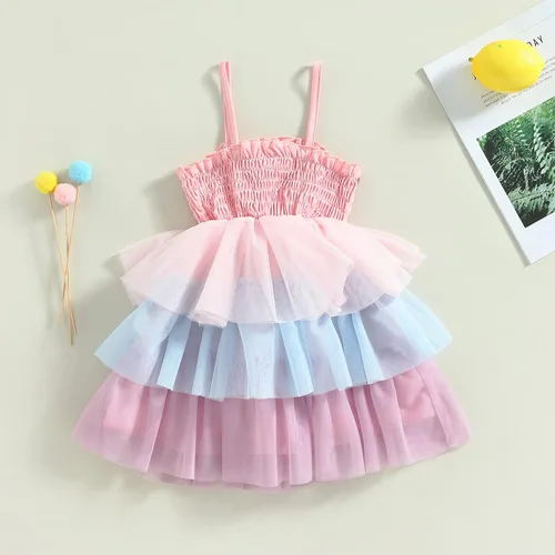 Vista 6 de Vestido sin mangas para bebé niña, vestido de tul esponjoso, falda tutú en capas, vestido de verano para niños