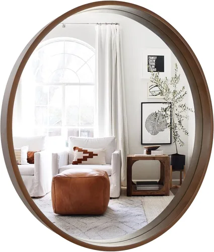 Vista 32 de WallBeyond Espejo redondo negro de madera de 24 pulgadas, espejo de pared circular para baño, espejo de pared redondo para decoración de pared