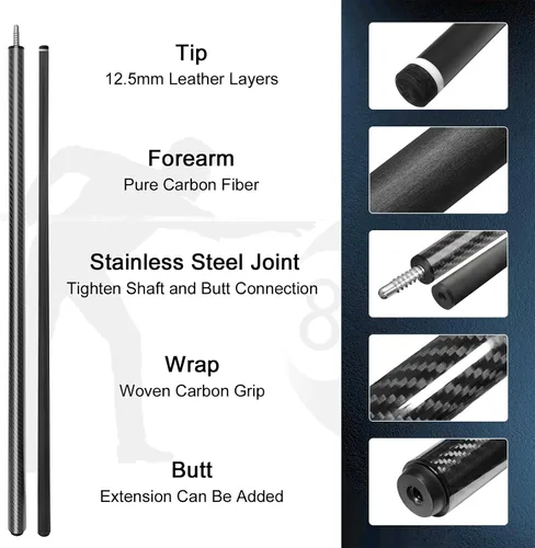 Vista 2 de Carbon Fiber Pool Cue Stick Low Deflection Shaft Professional Billiard Cue Stick with Hard Case and Accessories,12.5mm Tip, 58",20OZ 21OZ Clásico