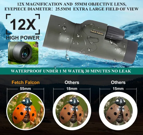 Vista 8 de Monoculares impermeables con relleno de nitrógeno HD 12x50 IPX7 con soporte para teléfono, trípode, correa de mano – Óptica BAK4 FMC, HD verde