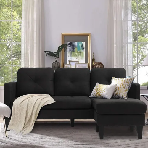 Vista 8 de Grepatio Sofá modular convertible, sofá en forma de L de 3 asientos con tela de lino moderna para espacio pequeño y sala de estar (negro)