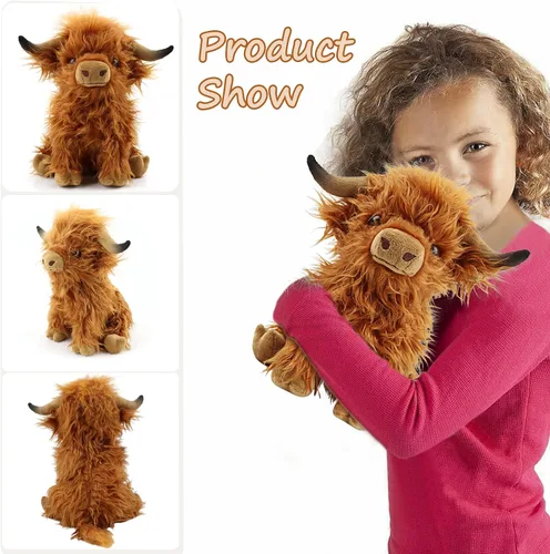 Vista 5 de Highland Cow - Animal de peluche realista de vaca escocesa, juguete de peluche suave de animales de granja, regalo para adultos, niños y niñas