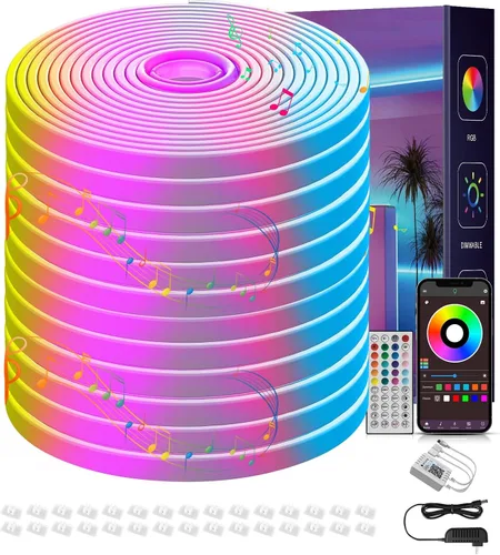 Vista 6 de Ledagic Tira de luces LED de neón RGB de 32.8 pies con aplicación, control remoto, tira de luz de neón impermeable IP65 para interiores