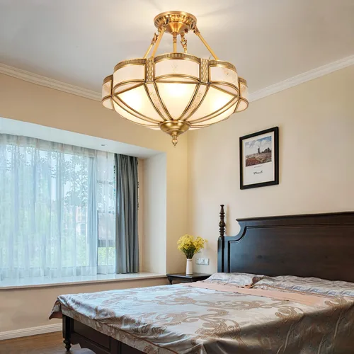 Vista 6 de Lámpara de techo de latón de 4 luces semiempotrada, candelabro dorado para comedor, lámpara de techo de vidrio esmerilado, luz empotrada moderna
