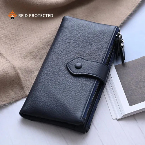 Vista 4 de Bveyzi Carteras delgadas de cuero suave para mujer, con bloqueo RFID, doble bolsillo con cremallera