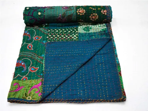 Vista 7 de Colcha Kantha de algodón Queen Khambadiya hecha a mano Kantha, colcha para cama, color negro, 90 x 108 pulgadas