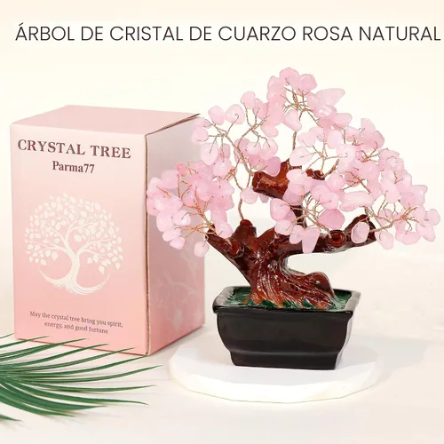 Vista 2 de Parma77 Feng Shui - Árbol de dinero de cristal de cuarzo rosa natural, árboles de cristal curativo, decoración estilo bonsái para riqueza y suerte