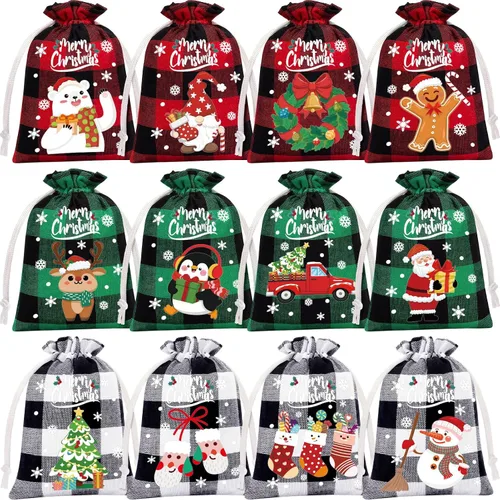 Vista 11 de FLOE 72 piezas Bolsas de regalo de Navidad de arpillera con cordón, bolsas de lino de Navidad con cordón para golosinas, bolsas de regalo de Navidad