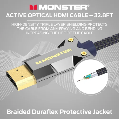 Vista 7 de Monster Cable óptico activo de la serie M con certificación Lightwave HDMI de 2.1-48 Gbps con conector de extrusión de aluminio, V-Grip, funda