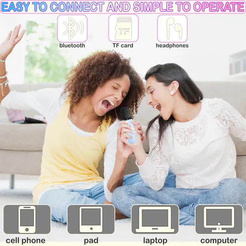 Vista 4 de Mini máquina de karaoke para niños y adultos, juguetes para niños y niñas, regalos para niñas y niños, altavoz Bluetooth con 2 micrófonos Beige