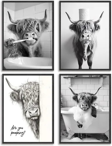 Vista 18 de Arte Divertido de Pared para Baño con Imágenes de Vaca de las Tierras Altas Escocesas, Decoración de Pared, Vaca Tierna en Bañera, Impresiones