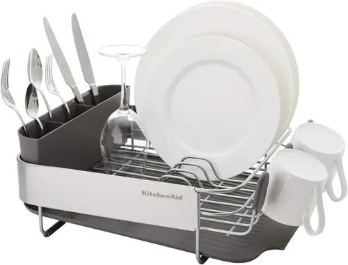 Vista 4 de KitchenAid Escurridor de platos compacto que ahorra espacio, resistente al óxido, con tabla de drenaje inclinada de autodrenaje y organizador de Gris