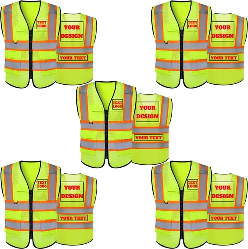 Vista 26 de Chaleco de seguridad reflectante de malla con logotipo personalizado Clase 2 con 5 bolsillos y cremallera