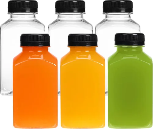 Vista 8 de Moretoes 6 botellas de 120 ml de plástico para jugo con tapas, botellas transparentes vacías reutilizables para shots de jengibre, recipientes