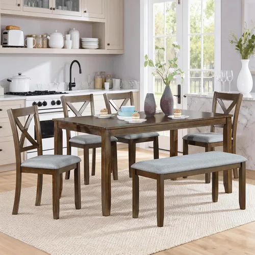 Vista 11 de Elegante juego de mesa de comedor de madera de 6 piezas con 4 sillas de respaldo de listones y un banco, juego de mesa de comedor de cocina para 6