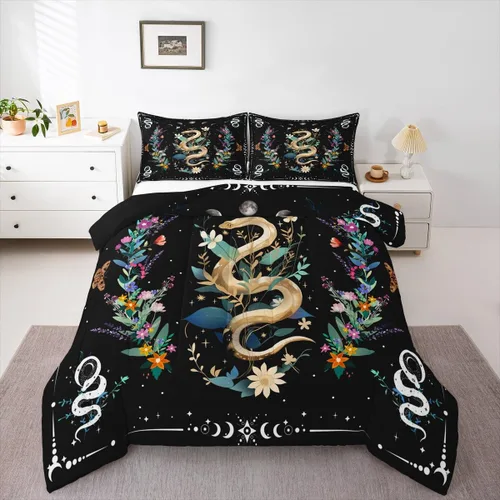 Vista 46 de Castle Fairy Juego de edredón con diseño de gato lindo para niños, tamaño twin, juego de ropa de cama con hojas de flores, luna, noche y cielo