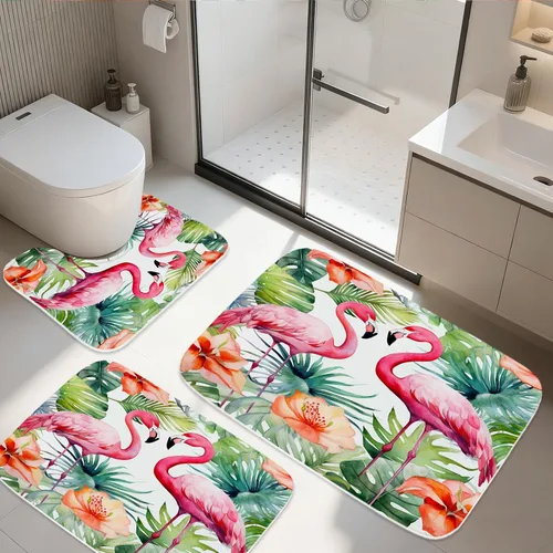 Vista 9 de TheBlackSpot Juego de 3 alfombras de baño rústicas de primavera de granja, diseño botánico de pájaros, tapete de baño de espuma viscoelástica