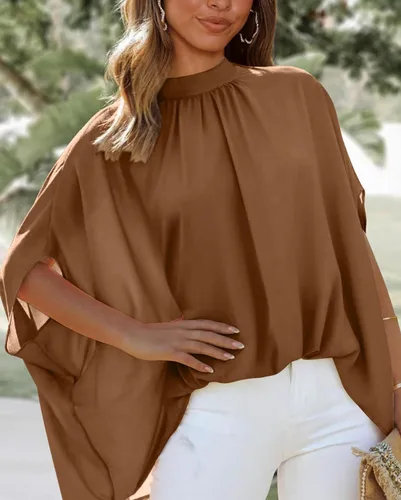 Vista 3 de BTFBM Blusas de verano para mujer, cuello alto falso, manga murciélago, holgadas, dobladillo alto y bajo, blusas informales de gran