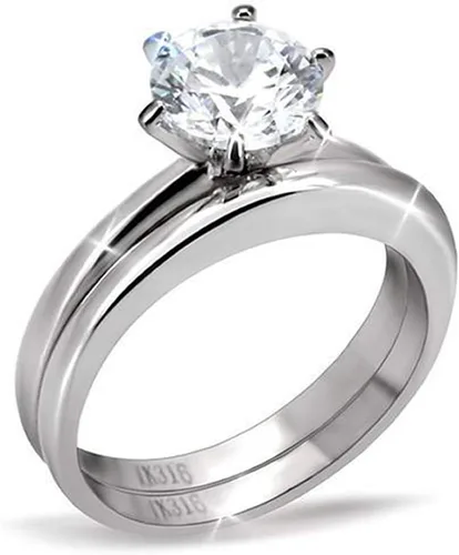 Vista 2 de MABELLA His Hers - Anillo de compromiso de acero inoxidable con circonita cúbica para mujer