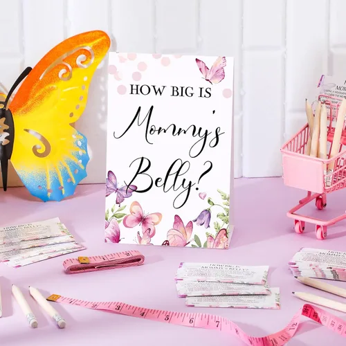 Vista 53 de Sabary 64 Piezas Juegos de Baby Shower Incluyen Letrero How Big is Mommy's Belly Sign Measure Bump Game 50 Tarjetas 10 Lápices 3 Cintas Métricas