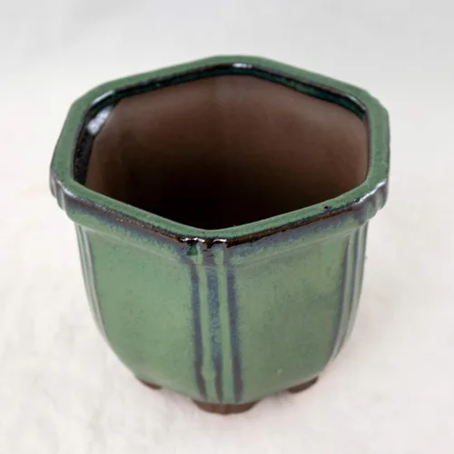 Vista 4 de Maceta Shohin para bonsái con malla, hexagonal, color verde oscuro, 4.25 x 4.25 x 3.25 pulgadas