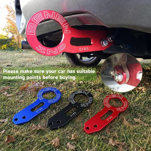 Vista 2 de Kit de Gancho de Remolque para Auto Universal, Gancho de Remolque Trasero de Aluminio para Coche (Negro) Premium-quality aluminum tow hook with a