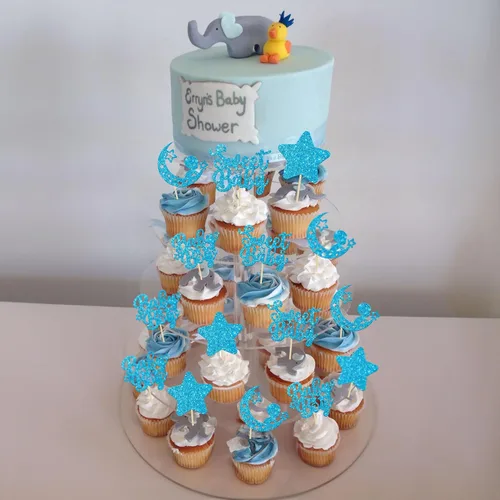 Vista 8 de Gyufise 24 piezas de adornos azules para cupcakes para bebé, con purpurina azul, estrellas, luna, dulce baby shower, niño, cupcakes para baby