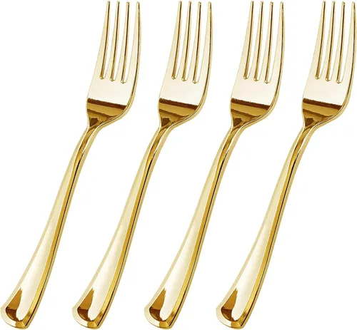 Vista 8 de FORKED - Cuchillos desechables de plástico dorado de 50 piezas, cubiertos de alta resistencia, cuchillos de sopa duraderos y desechables