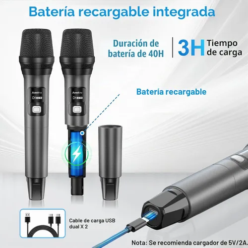Vista 5 de Aveek Sistema de micrófono inalámbrico con paquete de 4 micrófonos dinámicos de mano, alcance de 262 pies, batería de 40 horas, sonido de estudio