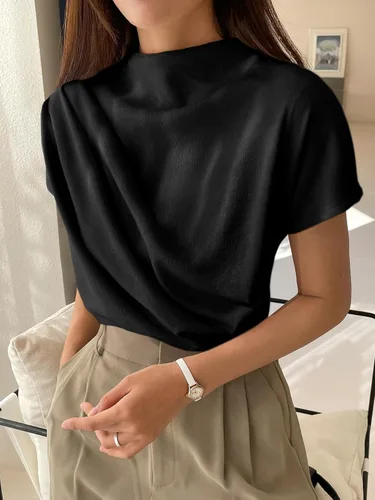 Vista 22 de OYOANGLE Camiseta de manga corta con cuello alto falso y fruncido para mujer