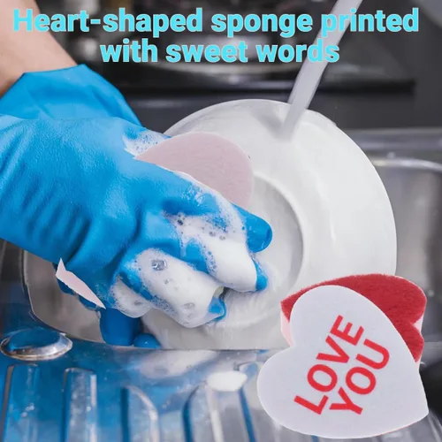Vista 2 de Esponja en forma de corazón con palabras, limpiador de cocina de doble cara para lavar platos, ollas, sartenes y limpieza general del hogar