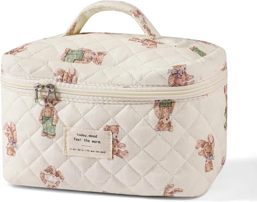 Vista 21 de uekeboag - Bolsa de maquillaje grande de viaje acolchada para mujer, neceser de algodón con estampado floral, neceser con estampado floral