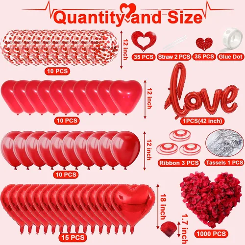 Vista 2 de Fecedy Globo de papel de aluminio en forma de amor y corazón, globos de látex redondos y en forma de corazón, globo de confeti, pétalos falsos