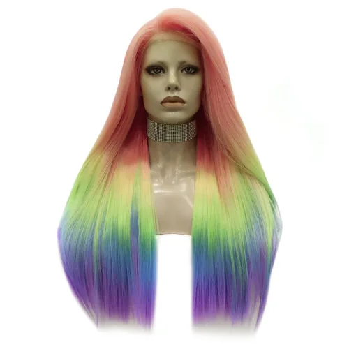 Vista 4 de IMSTYLE Pelucas sintéticas rectas con encaje frontal de colores arcoíris de 26 pulgadas, línea de cabello natural para Halloween, cosplay, fiesta