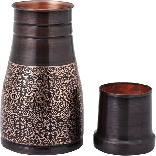 Vista 2 de Jarra de noche de cobre puro para beneficios de salud ayurveda, capacidad - 1 litro (33.81 onzas líquidas de EE. UU.) (patrón floral)