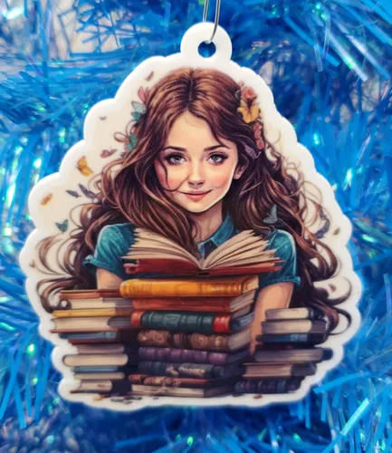 Vista 2 de Bookworm Girl Book Lover - Adorno navideño con temática de lector (A135)