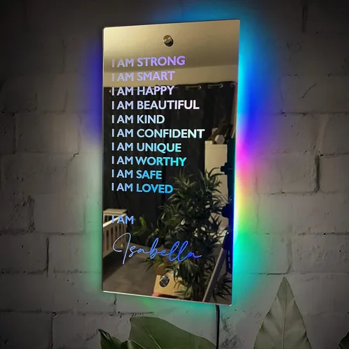 Vista 9 de Espejo de luz LED de neón personalizada de Affirmations "I Am - Decoración de pared con nombre personalizado para dormitorio, espejo LED