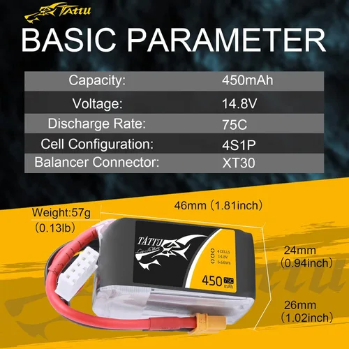 Vista 2 de TATTU Batería LiPo de 14.8V 450mAh 75C 4S con enchufe XT30 para multirotor FPV 150