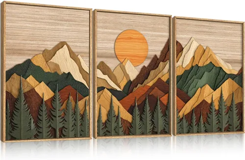 Vista 45 de Celestdeco Juego de arte de pared en lienzo abstracto y neutro grande con marco naranja, moderno y minimalista para pared, diseño geométrico bohemio
