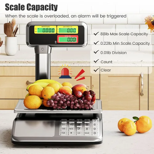 Vista 3 de S AFSTAR Báscula de cálculo de precios con pantalla de poste, báscula comercial de alimentos de 88 lb con plataforma de acero inoxidable, batería