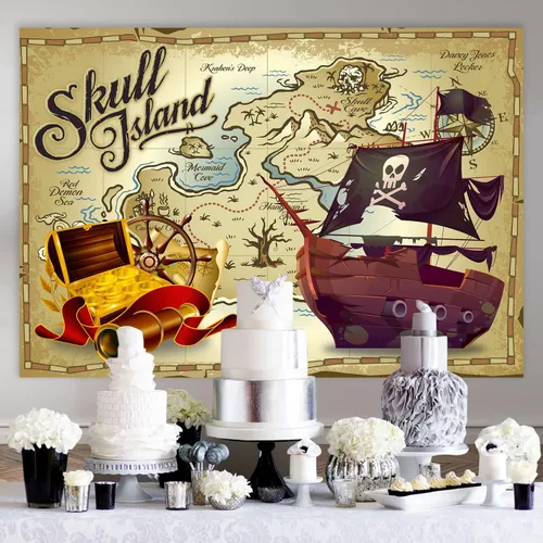 Vista 5 de KUBZT537 - Telón de fondo de fiesta pirata de 7 x 5 pies, fondo de mapa del tesoro pirata, suministros de cumpleaños para niños, decoración de baby