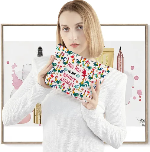 Vista 4 de LEVLO Bolsa de maquillaje cosmética de pollo Hei para amantes del pollo, regalo Hei Is My Spirit Animal Maquillaje con cremallera, Hei Hei Completo